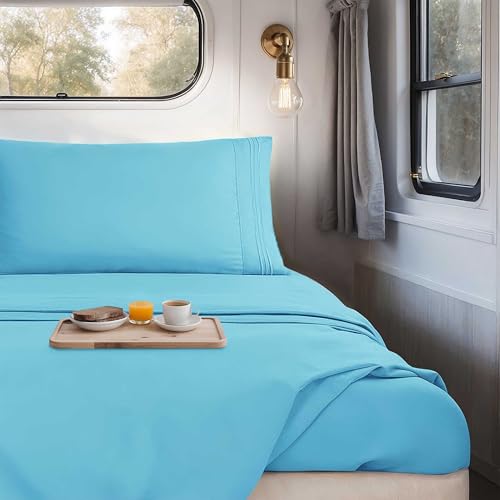 Image of Nestl Bright Blue Short Queen Sheets for RV, Hotel Luxury RV Queen Sheets Set, 4 Piece Fitted Bed Sheet Set and Pillowcases, Super Soft, Wrinkle-Free, and Breathable Camper Bedding