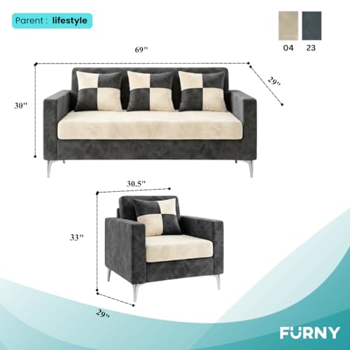 Image of FURNY Lushwood 3 Seater + 1 Seater + 1 Seater Sofa Set (Dark Grey-Cream) | Premium Suede Velvet Fabric Finish | Silver Metal Legs | Durable Comfort Sofa for Modern Living Room & Office Spaces