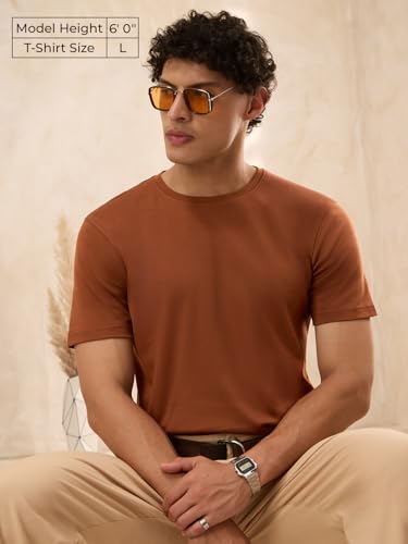 Image of The Souled Store Supima: Earthen Clay Men and Boys Short Sleeves Round Neck Solid Regular Fit Cotton Supima T-Shirts