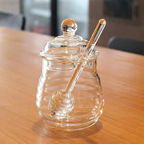 shuaike 300ml Glass Honey Pot with Dipper Honey Dispenser Container Clear Jam Jar with Lid for Home Kitchen