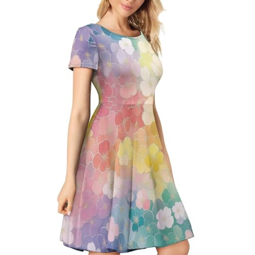 Image of POLERO Women Puffy Swing Elegant Party Midi Dresses Short Sleeve Round Neck A-Line Dress