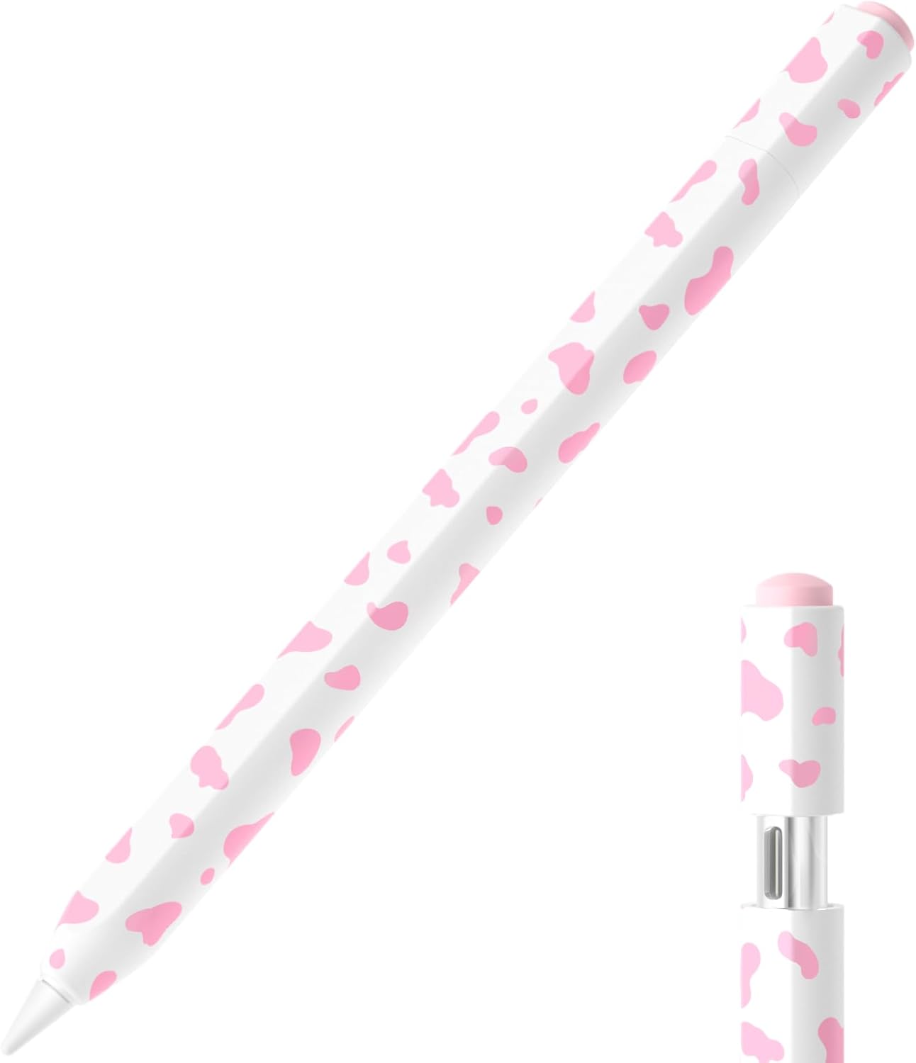 Cow Print Pencil Case for Apple Pencil (USB-C), Comfortable Grip, Side Thin Silicone Sleeve, Supports Magnetic Attachment. (Pink)
