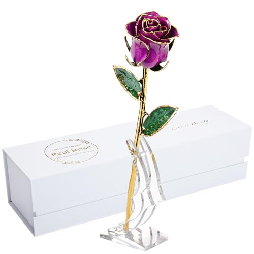 Image of Gold Rose, 24K Gold Dipped Real Rose is Attractive Luster and Natural Shape, Best Gifts for Anniversary Wedding Valentines Day (Purple Original Rose with Stand)