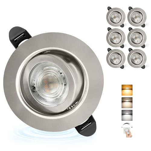 Aulaiyi LED Einbaustrahler 230V Dimmbar 68mm 5.5W IP44 LED Spots Ultra Flach Deckenspots 45 Schwenkbar Einbauleuchten 3000K/4000K/6000K Spots Deckenleuchte für Bad Wohnzimmer Küche Nickel 6er Set