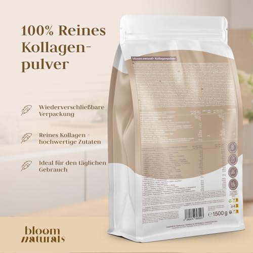 Grassgefüttertes Collagen Pulver 1500g (1,5 KG) - Hochdosiert & Geschmacksneutral Kollagen Hydrolysat Pulver, Peptid Typ 1 & 3 - Kollagen Peptide - Abgefüllt und getestet in Deutschland