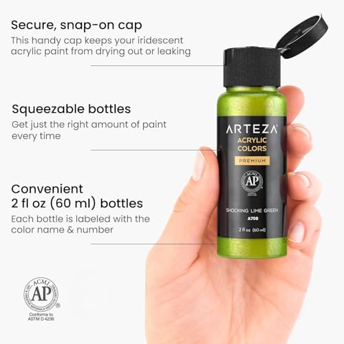 Arteza Iridescent Acrylic Paint Set, 60 ml Bottles, 10 Chameleon Colors, High Viscosity Shimmer Paint, Water-Based, Blendable, for Canvas, Wood, Rocks, Fabrics, Ceramics & Glass