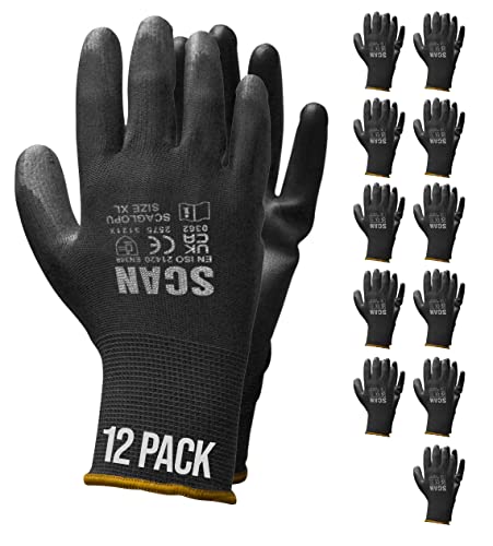 Scan SCAGLOPU12 Black PU Coated Gloves - Size 9 - Pack 12