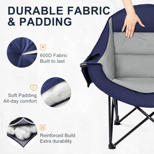 Image of Oversized Camping Chairs for Adult - Heavy Duty Padded Portable Folding Chair XL Collapsible Camp Chair with Cup Holder Cooler Pockets for Outdoor Lawn Beach Sport Fishing Support 500LBS, Blue Grey