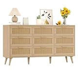 Keehusux Rattan 9 Drawer Dresser for Bedroom, Accent Storage Dresser with Solid Wooden Legs, Long Chest of Drawers with Metal Handles for Closet, Living Room, Entryway, Natural KES003MDG