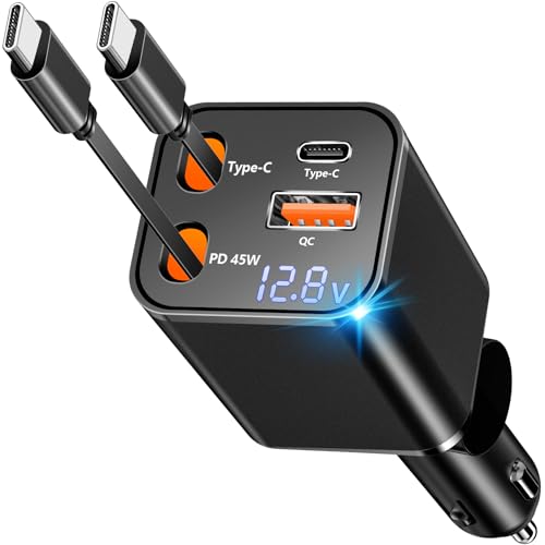 Apple MFi Certified Retractable Car Charger, 120W PD/QC USB C Car Charger | Caiinei 4 in 1 Car Phone Charger Cigarette Lighter Type C Fast Charging for iPhone 17/17 Pro/16 Pro/15/Galaxy S26/S25/Pixel