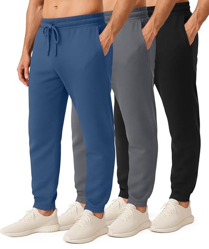 Real Essentials 3 Pack: Men's Fleece Elastic Bottom Jogger Sweatpants with Pockets (Available in Big & Tall)