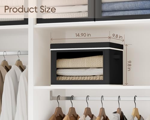 Image of Collapsible Storage Bins with Lids - Stackable Storage Containers with Window, 6 Pack Fabric Organizing Bins for Closet, Home & Office Organization Baskets, Black, 14.9 inch x 9.8 inch x 9.8 inch