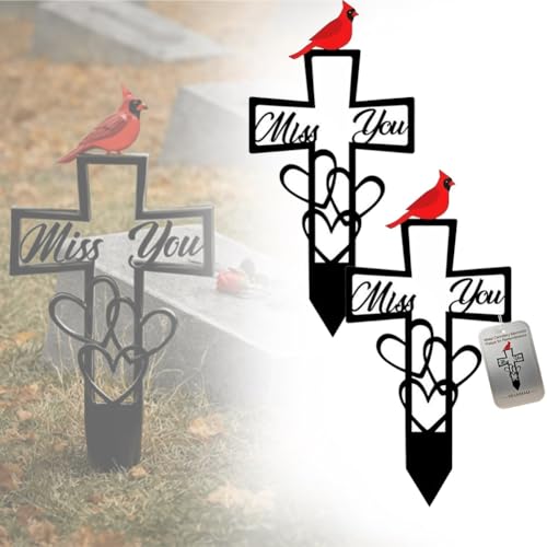 Placa conmemorativa de cementerio de metal para recuerdo, marcadores de tumba conmemorativos cardinales de 6 x 12 pulgadas con cruz guión 'Miss You' y acento de corazón estaca de tierra al aire libre
