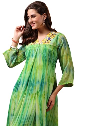 Image of EthnicJunction Women Georgette Relaxed Fit Tie & Dye & Embroidered A-Line Flared Kurta,Summer Kurta,Kurta For Office,Long Kurti