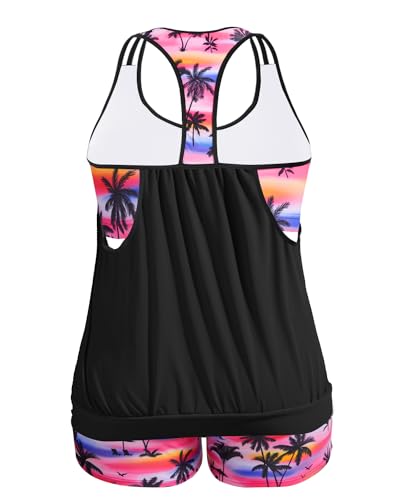 Image of Womens Plus Size Tankini Swimsuit Two Piece Tummy Control Bathing Suit | Blouson Racerback Tankini Top with Shorts, Double Up Design, Removable Pad