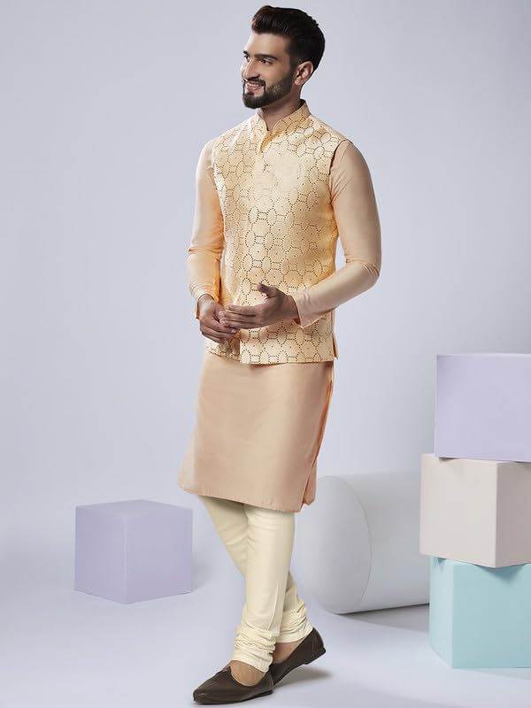 Image of KISAH Men Printed Kurta Jacket Set, Full Sleaves, Knee Length, Straight, Regular Fit, Mandarin Collar Ethnic Wear
