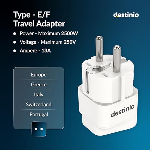 Image of Destinio Universal Europe Travel Adapter Type E /F Schuko Plug Converter 13A 250V, International EU Power Socket for Germany France Spain, Portable European Plug for Mobile Laptop Charger (Pack of 1)