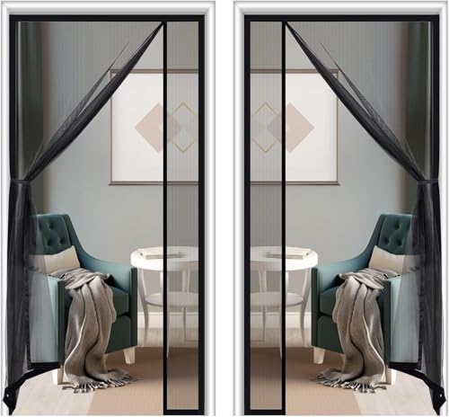 Lesimoll【両開き】玄関網戸 ドア網戸 マグネット網戸 左右両開き式 網戸カーテン マグネット開閉式 簡単網戸 虫除けカーテン 換気対策 18*16メッシュ ガラス繊維 黒 勝手口 入り口 簡単取り付け 両面マジックテープ付き 収納バンド付き (両開