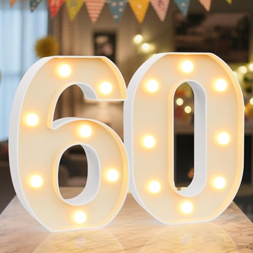Ledido LED Light Up Marquee Numbers Sign - Cool & Warm Light up Numbers for 60th Birthday Decorations LED Number Lights for Wedding Anniversary Grad Home Bedroom Table Wall Party Decor Number 60