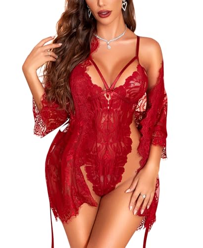 RSLOVE Lencería sexy para mujer – Body de encaje con albornoz conjunto de ropa de dormir ropa interior negligee, Rojo vino., XL