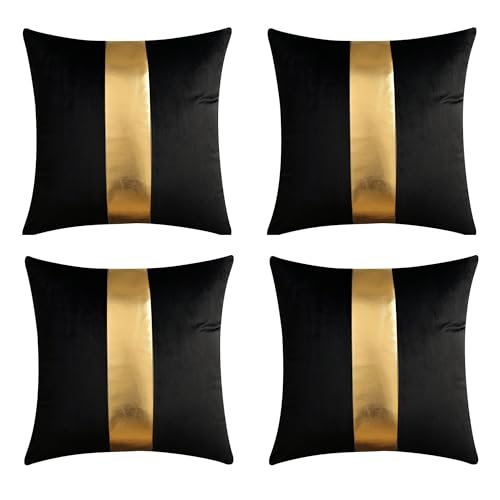 Gyulin Pack of 4,18x18 Inch Velvet Throw Pillow Covers with Gold Leather Striped Patchwork Stitching Luxury Modern Minimalist Square Pillowcase Cushion Covers for Bedroom Sofa Couch Living Room,Black