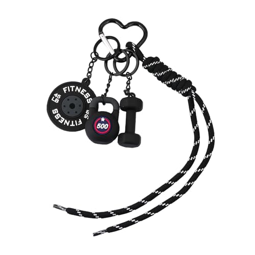 FunBoat Gym Keychain Set with Rope Bag Charm - Mini Dumbbell Kettlebell & Weight Plate Fitness Keychain - Workout Gifts (Black)