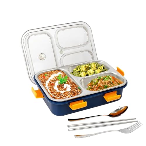 Image of Brand Conquer Lunch Box Leak-Proof BPA Free Stainless Steel for School, Lunch Box for School & Office with a Fork, a Spoon and a Pair of Chopsticks (Blue, 3 Compartment)