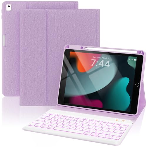 OPAKIT for iPad 9th/8th/7th Gen 10.2" Keyboard Case, 7 Colors Backlit, Detachable Wireless Folio Cover with Pencil Holder for iPad Air 3/Pro 10.5" – Purple