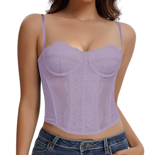 Image of Werkiss Lace Boned Corset Top for Women Going Out Bustier Corset Top with Straps Sexy Overbust Corsets Push Up Crop Tops(Light purple-Lace, S)