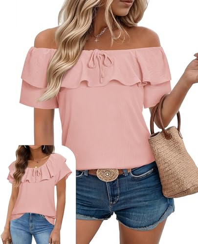 Uhiger Womens Off The Shoulder Tops Boat Neck Pink Shirts Ruffle Sleeve Chiffon Blouses Summer Outfits Beach Vacation Clothes