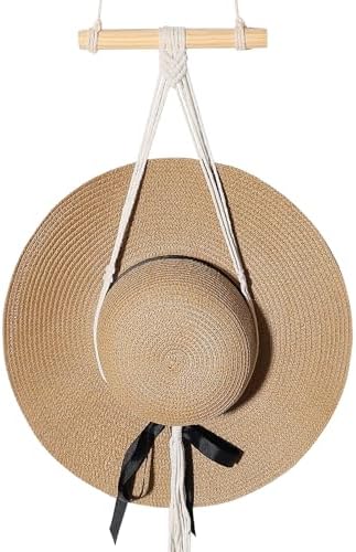 Boho Macrame Hat Hangers For Wall | 2-Hole Hat Organizer With Adhesive Hook | Decorative Cap Holder For Wide Brim Hats - View #4
