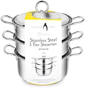 Penguin Home® - 3 Tier Steamer Set, 3 Litre, 20cm | Induction Safe | Stainless Steel Three tier Food Steamer | Sturdy Steel Handles with Lid | Kitchen Pan Steamer Set for Cooking | Steamer Pot
