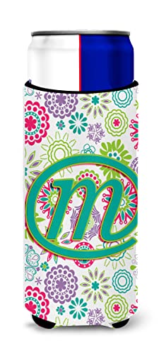 Letter M Flowers Pink Teal Green Initial Ultra Beverage Insulators for slim cans CJ2011-MMUK