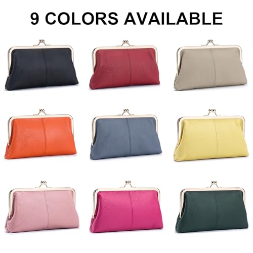 Image of Vintage Kiss Lock Leather Wallet for Women, Clutch, Dark Green | Genuine Leather, Multi-card Slots Card Holder Clutch Purse Travel Wallet