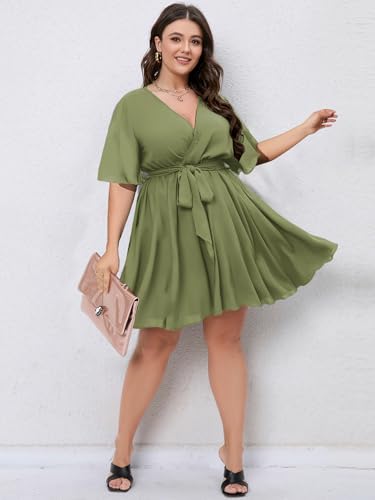 Image of SCOMCHIC Women's Plus Size Summer Dresses Short Sleeve Wrap V Neck A Line Skater Mini Short Dress XL-4XL