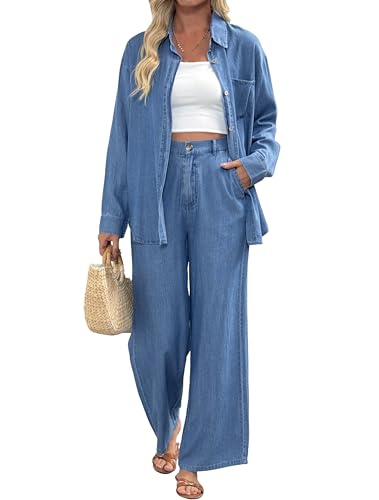Yehopere Women's Denim 2 Piece Matching Sets Button Down Shirts