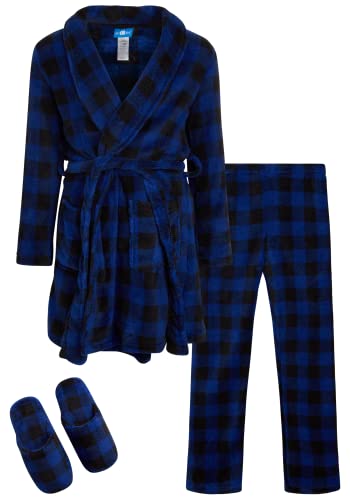 Only Boys Bathrobe Set - 3 Piece Fleece Robe, Pants, And Slippers Matching Pajama Bundle, Size 8/10, Blue Plaid #TOP25
