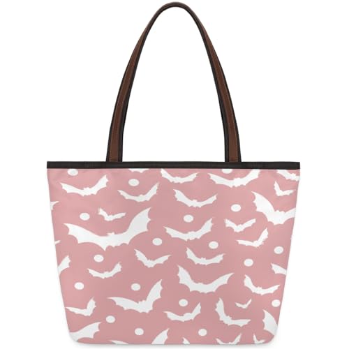 Polka Dot Bat Hand Painted White Tote Bag Multi Pocket Zippered Beach Bag Lightweight Waterproof Handbag for Women Men Work Gym Travel Swimming Yoga Grocery Shopping M