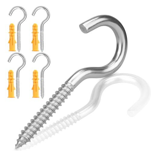 Ruayia Schraubhaken Edelstahl 4 Stück M5*65mm 304 Edelstahl Selbstschneidend Ösenschrauben Deckenhaken Hakenschraube Schraube Nägel Ösen Schraube für DIY Kork Handwerk Hängende Holzrahmen