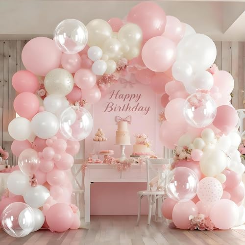 Pastel Pink and White Balloons, Double Stuffed Light Pink Ballons Pearl White Cream Sand with Clear Latex Balloon for Birthday Bridal Shower Wedding Baby Shower Coquette Party Decorations