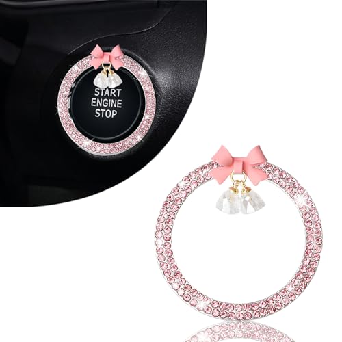YYTQP Cute Bow Bling Car Engine Stop Decoration Ring, 1 PC Crystal Rhinestone Car Button Start Button Cover, Shiny Key Ignition and Knob Ring, Bling Car Accessories for Women (Pink)