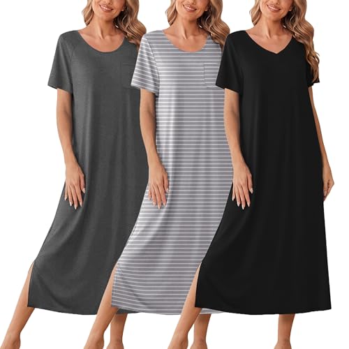 Ekouaer Long Nightgowns for Women 3 Pack Night Gown Short Sleeve House Dress V Neck Lounge Dress Plus Size Sleep ShirtsGP1 Large