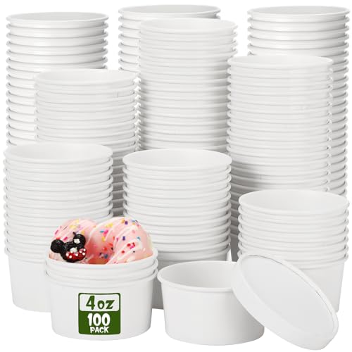 Image of Fulmoon 4 oz 100 Pack Paper Containers with Lids Soup Bowl Cup, White | Disposable Ice Cream Cup, Kraft Food Containers with Vented Lid Stackable for Hot Soup Dessert Cake Fruit Microwave Takeout