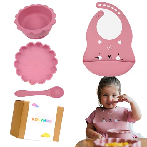 Silikon Baby Geschirrset, Rutschfest Kindergeschirr Set mit Saugnapf, 4 Stück BPA Frei Esslernbesteck Sets mit Löffel Schüssel Lätzchen und Rutschfest Teller - Beikost Baby Zubehör