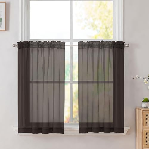 Image of Simplebrand Chocolate Short Sheer Kitchen Curtains 36 Inch Length Tier Rod Pocket Cafe Drapes Half Window for Bathroom Small Windows 42 x 36 Inch, 2 Panels