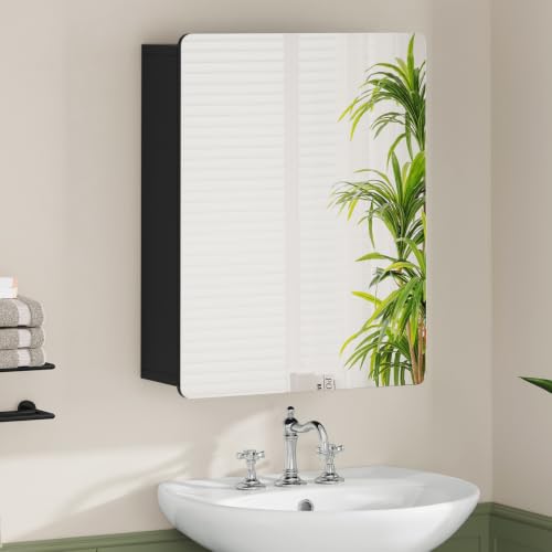 Image of TEENFON Medicine Cabinet Mirror with 2 Adjustable Shelves, Bathroom Mirror with Storage, Recessed or Wall Mount Bathroom Cabinet, Black