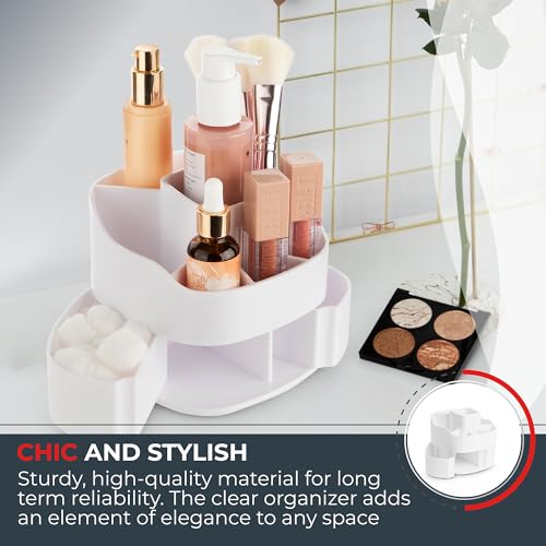 Image of Masirs 360 Rotating Makeup Organizer - Small Acrylic Cosmetic Storage Caddy, 5 Compartments, Mini Lazy Susan for Vanity, Bathroom, Skincare, Brushes & Lipsticks, Square White