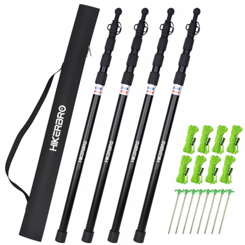 HIKERBRO Telescoping Tarp Poles, Up To 7.7ft Aluminum Tent Poles for Tarp with Rubber Cap, Set of 4 Portable Adjustable Replacement for Camping, Awning, Sun Shade, With Guylines & Stakes & Carry Pouch