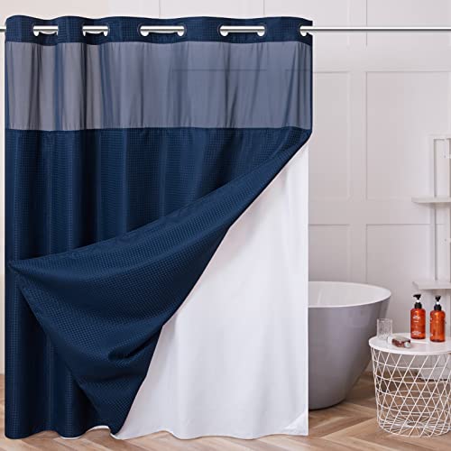 Image of Furlinic No Hook Waffle Weave Shower Curtain with Snap in Fabric Liner Set,Heavy Duty Textured Bathroom Curtain with See Through Window,Waterproof & Machine Washable,Navy Blue,Stall 48x72 Inch
