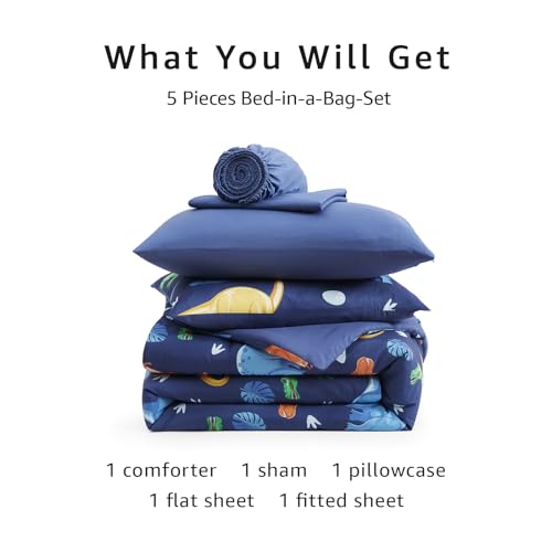 Image of Twin Comforter Set with Sheets for Boys-5 Pieces Twin Bedding Sets Printed | Soft Dinosaur Comforter with Pillowcases & Shams, 66 inch X 86 inch
